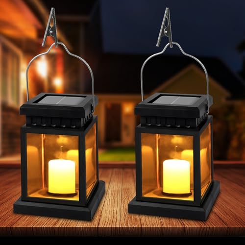 Solar Laterne Außen mit LED Kerze, 2 Stück Solarlaterne für außen Hängend Wasserdicht Solarlampen mit Kerzen Flackereffekt Wetterfest Solarleuchten für Draußen Balkon Patio Garten Terassen Deko von Calenxy