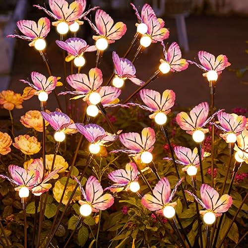 Solar Schmetterlinge für Außen,2 Stück 12 LED Solarlampen für Außen Garten,LED Schmetterling Glühwürmchen Solargartenlichter,Firefly Solar-gartenlichter,Swinging Solarleuchten für Gartenweg von Calenxy