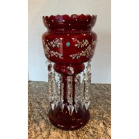 Großer Antiker Boho Handbemalter Glas Kerzenhalter Mit Prismen von Calessabay