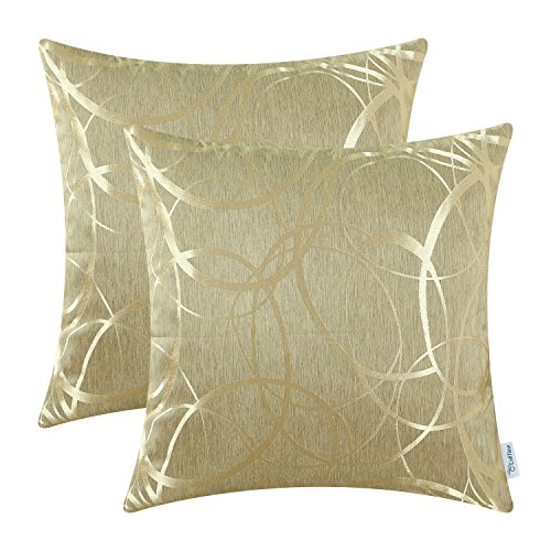 CaliTime Kissenbezüge Kissenhülle Packung mit 2 Schalen für Couch Sofa Heimdekoration modern glänzend und matt Kontrast Kreise Ringe geometrisch 50cm x 50cm Gold von CaliTime