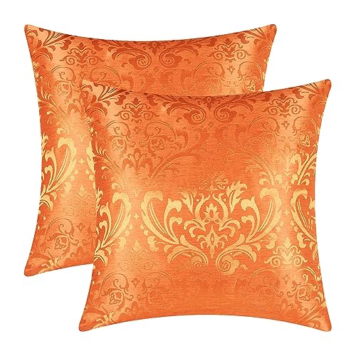 CaliTime Kissenbezüge Kissenhülle Kissenbezüge, 2 Stück, Kissenbezüge für Couch, Sofa, Heimdekoration, Vintage-Damast, Blumen, glänzend und stumpf, Kontrast, 40 cm x 40 cm, leuchtendes Orange von CaliTime