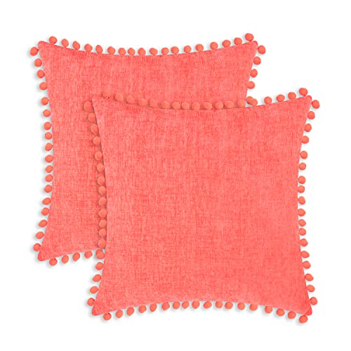 CaliTime Dekokissenbezüge 2er-Pack Kuschelige, durchgefärbte, weiche Chenille-Kissenbezüge mit Pom Poms für Couch Sofa Dekoration 45cm x 45cm Living Coral von CaliTime