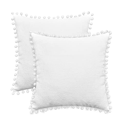 CaliTime Dekokissenbezüge 2er Pack Kuschelige, fest gefärbte, weiche Chenille-Kissenbezüge mit Pom Poms für Couch Sofa Dekoration 30cm x 30cm True White von CaliTime