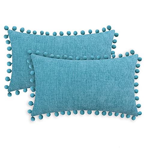 CaliTime Dekokissenbezüge 2er-Pack Kuschelige, fest gefärbte, weiche Chenille-Kissenbezüge mit Pom Poms für Couch Sofa Dekoration 40cm x 40cm Seeblau CaliTime Dekokissenbezüge 2er-Pack Kuschelige, fest gefärbte, weiche Chenille-Kissenbezüge mit Pom Poms für Couch Sofa Dekoration 40cm x 40cm Seeblau von CaliTime
