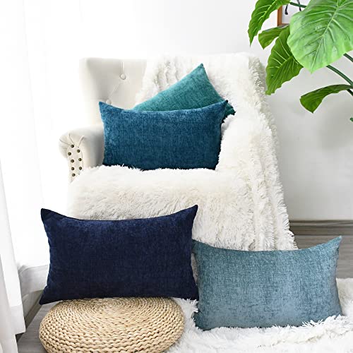 CaliTime Kissenbezüge, 4er-Set, modern, mehrfarbig, passend, gemütlich, weiches Chenille, Muscheln für Couch, Sofa, Heimdekoration, 30,5 x 50,8 cm, Blaugrün, Marineblau, Ozean, Rauchblau von CaliTime