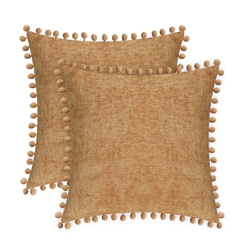 CaliTime Kissenbezüge, gemütlich, einfarbig, weich, Chenille, mit Pompons, für Couch, Sofa, Heimdekoration, 50,8 x 50,8 cm, Aprikosenbraun, 2 Stück von CaliTime