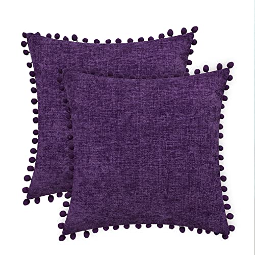 CaliTime Kissenbezüge 2er-Pack Kuschelige, durchgefärbte, weiche Chenille-Kissenbezüge mit Pom Poms für Couch Sofa Dekoration 40cm x 40cm Lila von CaliTime