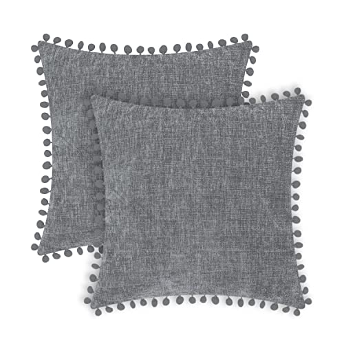 CaliTime Kissenbezüge 2er-Pack Kuschelige, durchgefärbte, weiche Chenille-Kissenbezüge mit Pom Poms für Couch Sofa Dekoration 45cm x 45cm Mittelgrau Medium von CaliTime