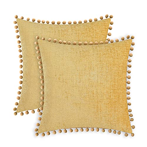 CaliTime Kissenbezüge 2er-Pack Kuschelige, durchgefärbte, weiche Chenille-Kissenbezüge mit Pom Poms für Couch Sofa Dekoration 50cm x 50cm Gold von CaliTime