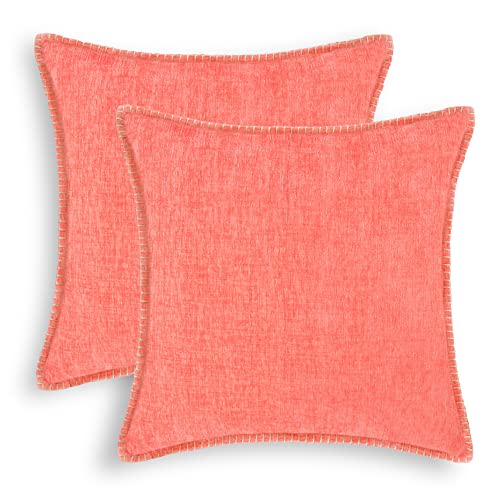 CaliTime Kissenbezüge Kissenhülle 2 Stück Baumwollfaden Nähte Kanten einfarbig weich Chenille Kissenbezüge für Couch Sofa Zuhause Bauernhaus Dekoration 66cm x 66cm Living Coral von CaliTime