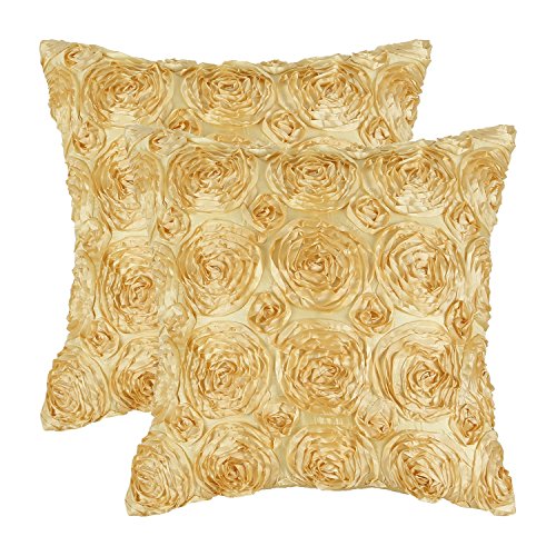 CaliTime Kissenbezüge Kissenhülle 2 Stück Kissenbezüge Dekokissenbezüge Schalen für Couch Sofa Zuhause Solide Stereo Rosen Floral 45cm x 45cm Soft Gold von CaliTime