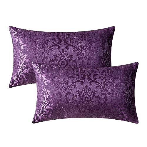 CaliTime Kissenbezüge Kissenhülle 2 Stück Überwurfkissenbezüge für Couch Sofa Heimdekoration Vintage-Damast Blumen glänzend und stumpf Kontrast 30 cm x 50 cm Dunkellila von CaliTime