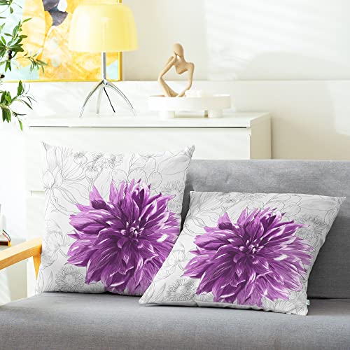 CaliTime Kissenbezüge Kissenhülle 2 Stück gemütliches Fleece Bunte Dahlie Blume einfache Striche Flora Hintergrund dekorative Kissenbezüge für Sofa Bauernhaus-Dekoration 45cm X 45cm tieflila grau von CaliTime