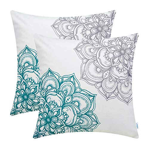 CaliTime Kissenbezüge Kissenhülle 2er Pack 45cm x 45cm Grau Teal Gemütliches Fleece Vintage Dahlia Floral beidseitig Dekokissenbezüge von CaliTime