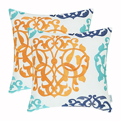 CaliTime Kissenbezüge Kissenhülle 2er-Pack Kissenbezüge aus Baumwolle für Bettcouch-Sofa Vintage Kompass Geometrisch Floral Gestickt 45cm x 45cm Türkis Orange Navy von CaliTime