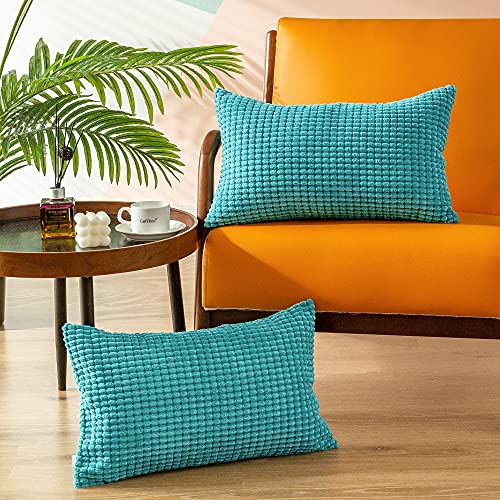 CaliTime Kissenbezüge Kissenhülle 2er-Pack Comfy Bolster Pillow Covers Cases for Couch Sofa Bed Comfort Supersoft Cord Corn Striped Both Sides 30cm x 50cm Lake Blue von CaliTime