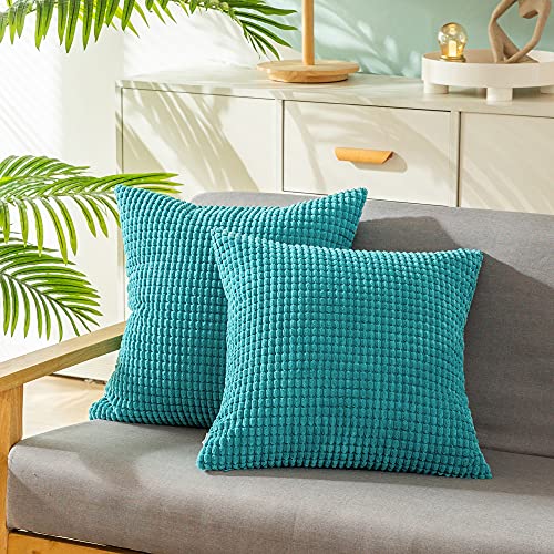 CaliTime Kissenbezüge Kissenhülle 2er-Pack Bequeme Kissenbezüge für Couch, Schlafsofa, bequem, superweich, Kordsamt, Maisstreifen, beidseitig, 40 cm x 40 cm, Seeblau von CaliTime