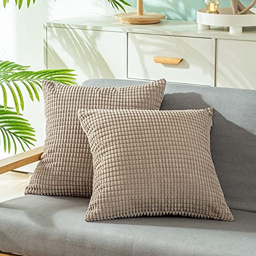 CaliTime Kissenbezüge Kissenhülle 2er-Pack Bequeme Kissenbezüge für Couch, Schlafsofa, bequem, superweich, Kordsamt, Maisstreifen, beidseitig 60 cm x 60 cm, helltaupe von CaliTime