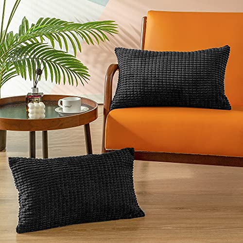 CaliTime Kissenbezüge Kissenhülle 2er-Pack Comfy Bolster Pillow Covers Cases for Couch Sofa Bed Comfort Supersoft Cord Corn Striped Both Sides 30cm x 50cm Black von CaliTime
