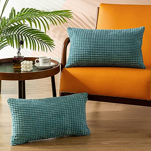 CaliTime Kissenbezüge Kissenhülle 2er-Pack Comfy Bolster Pillow Covers Cases for Couch Sofa Bed Comfort Supersoft Cord Corn Striped Both Sides 30cm x 50cm Teal von CaliTime