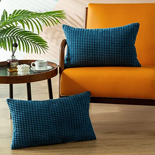 CaliTime Kissenbezüge Kissenhülle 2er-Pack Comfy Bolster Pillow Covers Cases for Couch Sofa Bed Comfort Supersoft Cord Corn Striped Both Sides 30cm x 50cm Deep Sea Blue von CaliTime