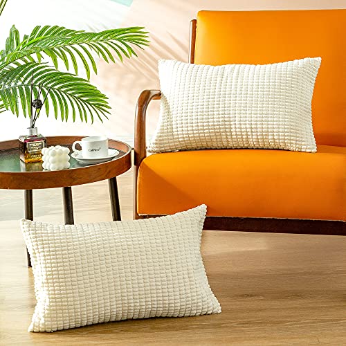 CaliTime Kissenbezüge Kissenhülle 2er-Pack Comfy Bolster Pillow Covers Cases for Couch Sofa Bed Comfort Supersoft Cord Corn Striped Both Sides 30cm x 50cm Cream von CaliTime