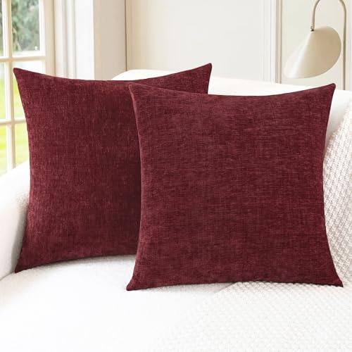 CaliTime Kissenbezüge Kissenhülle 2 Stück Cosy Kissenbezüge für Couch Sofa Heimdekoration Solide Gefärbt Weich Chenille 40cm x 40cm Burgunderrot von CaliTime