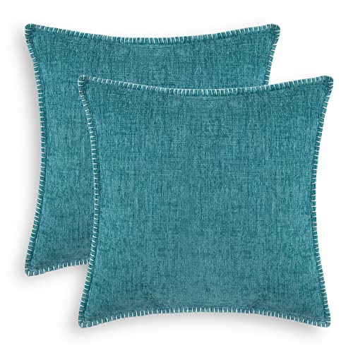 CaliTime Kissenbezüge Kissenhülle Dekokissenbezüge 2er Pack Baumwollfaden Nähkanten Solide gefärbte weiche Chenille Kissenbezüge für Couch Sofa Home Bauernhaus Dekoration 50cm x 50cm Teal von CaliTime