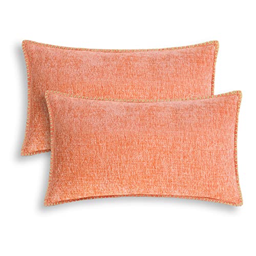 CaliTime Kissenbezüge Kissenhülle Dekokissenbezüge 2er Pack Baumwollfaden Nähkanten Solide gefärbte weiche Chenille Kissenbezüge für Couch Sofa Home Bauernhausdekoration 30cm x 50cm Cantaloupe von CaliTime