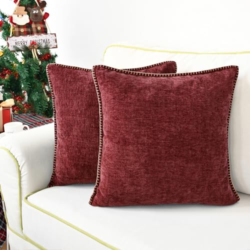 CaliTime Kissenbezüge Kissenhülle Dekokissenbezüge 2er Pack Baumwollfaden Nähkanten Solide gefärbte weiche Chenille Kissenbezüge für Couch Sofa Home Bauernhausdekoration 40cm x 40cm Burgundcm von CaliTime