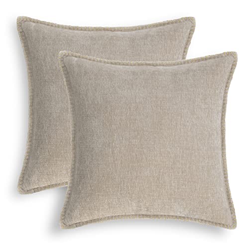 CaliTime Kissenbezüge Kissenhülle Dekokissenbezüge 2er Pack Baumwollfaden Nähkanten Solide gefärbte weiche Chenille Kissenbezüge für Couch Sofa Home Bauernhausdekoration 45cm x 45cm Helltaupe von CaliTime