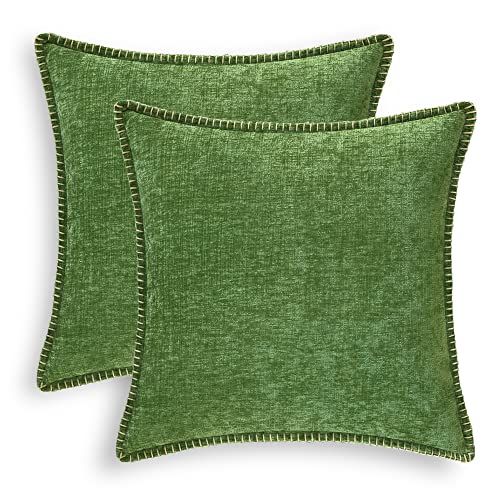 CaliTime Kissenbezüge Kissenhülle Dekokissenbezüge 2er Pack Baumwollfaden Nähkanten Solide gefärbte weiche Chenille Kissenbezüge für Couch Sofa Home Bauernhausdekoration 45cm x 45cm Waldgrün von CaliTime