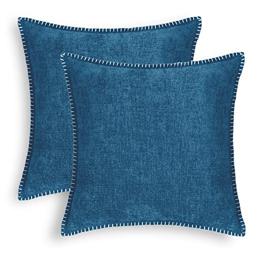 CaliTime Kissenbezüge Kissenhülle Dekokissenbezüge 2er Pack Baumwollfaden Nähte Kanten Solide gefärbte weiche Chenille Kissenbezüge für Couch Sofa Home Bauernhaus Dekoration 50cm x 50cm Ozeanblau von CaliTime