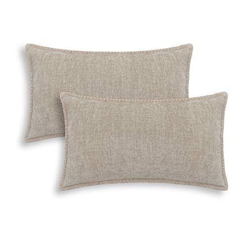 CaliTime Kissenbezüge Kissenhülle Dekokissenbezüge 2er Pack Baumwollfaden Nähte Kanten Solide gefärbte weiche Chenille Kissenbezüge für Couch Sofa Home Bauernhausdekoration 30cm x 50cm Helltaupe von CaliTime