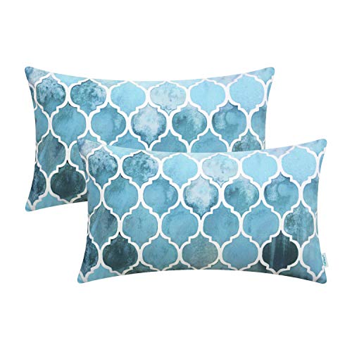 CaliTime Kissenbezüge Kissenhülle Kissenbezüge 2 Stück kuschelige Kissenbezüge für Couch Bett Sofa manuell handbemalt bunt geometrischer Gitterkettendruck 30cm x 50cm Himmelblau und Rauchblau von CaliTime