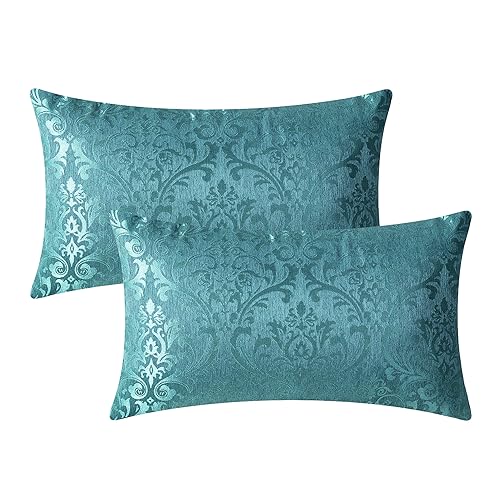 CaliTime Kissenbezüge Kissenhülle 2 Stück ÜberwurfBezüge für Couch Sofa Heimdekoration Vintage-Damast Blumen glänzend und stumpf Kontrast 30 cm x 50 cm Blaugrün von CaliTime