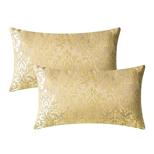 CaliTime Kissenbezüge Kissenhülle 2 Stück Kissenbezüge für Couch Sofa Heimdekoration Vintage-Damast Blumen glänzend und stumpf Kontrast 30 cm x 50 cm Gold von CaliTime