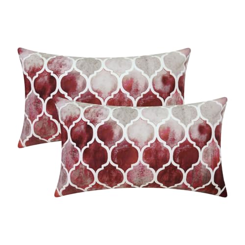 CaliTime Kissenbezüge Kissenhülle Packung mit 2 Cozy Bolster Kissenbezügen für Couch Bett Sofa manuell handbemalt bunt geometrischer Gitterkettendruck 30cm x 50cm Hauptgrau Rot Burgund von CaliTime