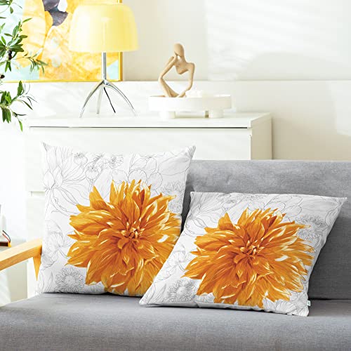 CaliTime Kissenbezüge Kissenhülle Pack von 2 Gemütlichem Fleece Bunte Dahlie Blume Einfache Striche Flora Hintergrund Dekorative Kissenbezüge für Sofa Bauernhaus Dekoration 40cm X 40cm Alt Gold Grau von CaliTime