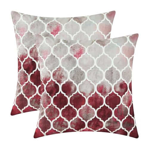 CaliTime Kissenbezüge Kissenhülle Packung mit 2 Cosy Kissenbezügen für Couch Bett Sofa manuell handbemalt bunt geometrischer Gitterkettendruck 55cm x 55cm Hauptgrau Rot Burgund von CaliTime