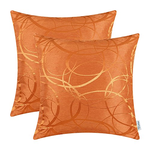 CaliTime Kissenbezüge Kissenhülle Packung mit 2 Schalen für Couch Sofa Heimdekoration modern glänzend und matt Kontrast Kreise Ringe geometrisch 40cm x 40cm leuchtendes Orange von CaliTime