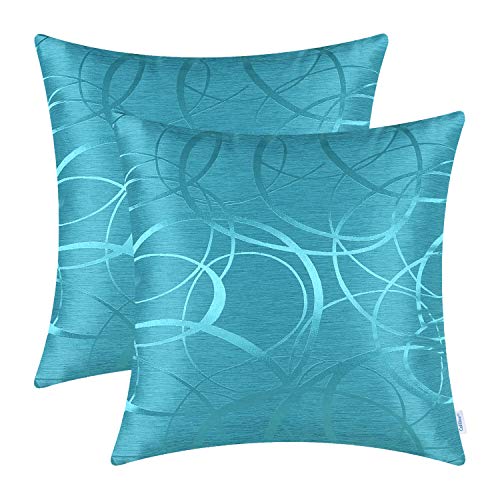 CaliTime Kissenbezüge Kissenhülle Packung mit 2 Schalen für Couch Sofa Heimdekoration modern glänzend und matt Kontrast Kreise Ringe geometrisch 50cm x 50cm Seeblau von CaliTime