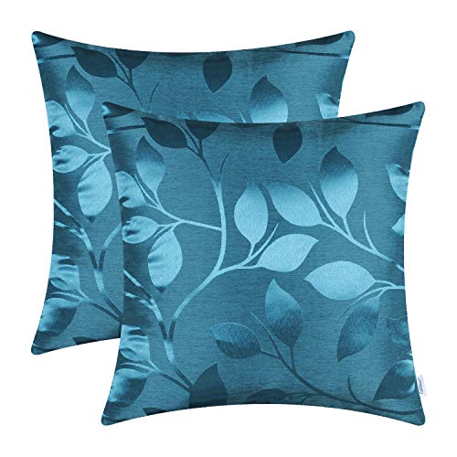 CaliTime Kissenbezüge Kissenhülle Packung mit 2 Wurfkissenbezüge Cases für Couch Sofa Home Decor Shining & Dull Contrast Lebendige wachsende Blätter 45 cm x 45 cm Sea Blue von CaliTime