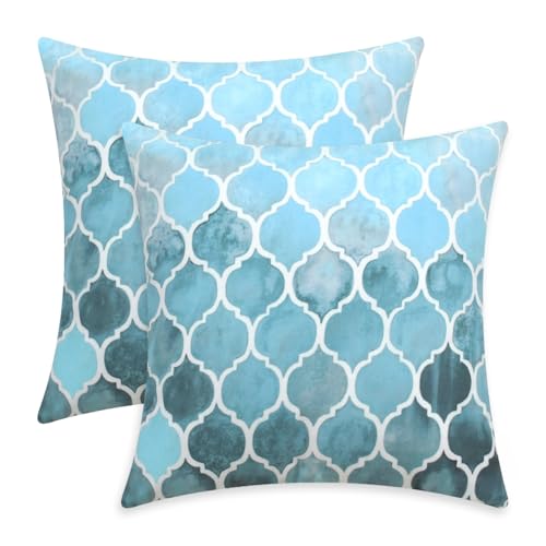 CaliTime Kissenbezüge Kissenhülle Kissenbezüge 2 Stück gemütliche Kissenbezüge für Couch Bett Sofa manuell handbemalt bunt geometrischer Gitterkettendruck 45cm x 45cm Himmelblau und Rauchblau von CaliTime