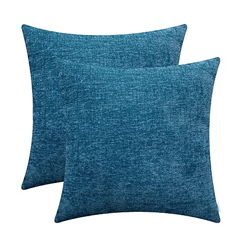 CaliTime Kissenbezüge Kissenhülle 2 Stück Cosy Kissenbezüge für Couch Sofa Heimdekoration Solide Gefärbt Weich Chenille 45cm x 45cm Deep Sea Blue von CaliTime