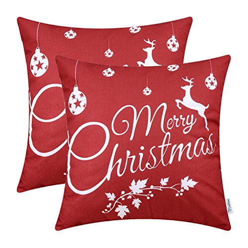 CaliTime Kissenbezüge Kissenhülle Packung mit 2 weichen Leinen-Dekokissenbezügen Hüllen für das Sofa auf der Couch Wohnkultur Frohe Weihnachten Weißes Rentier 40 x 40cm Weihnachtsrot von CaliTime