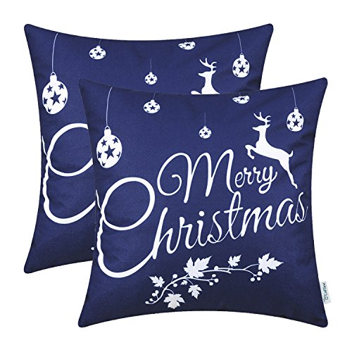 CaliTime Kissenbezüge Kissenhülle Packung mit 2 weichen Leinen-Dekokissenbezügen Hüllen für das Sofa auf der Couch Wohnkultur Frohe Weihnachten Weißes Rentier 40cm x 40cm Marineblau von CaliTime