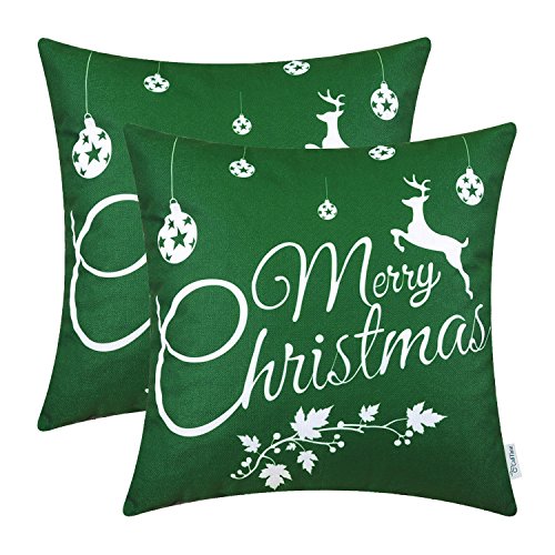 CaliTime Kissenbezüge Kissenhülle Packung mit 2 weichen Leinen-Dekokissenbezügen Hüllen für das Sofa auf der Couch Wohnkultur Frohe Weihnachten Weißes Rentier 50cm x 50cm Weihnachtsgrün von CaliTime