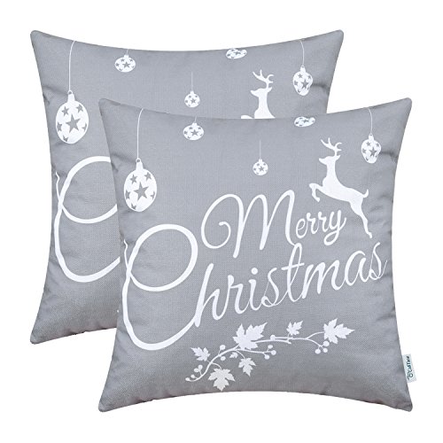 CaliTime Kissenbezüge Kissenhülle Packung mit 2 weichen Leinenbezügen Dekokissen Cases für Couchsofa Wohnkultur Frohe Weihnachten Weiß Rentier 50cm x 50cm Grau von CaliTime