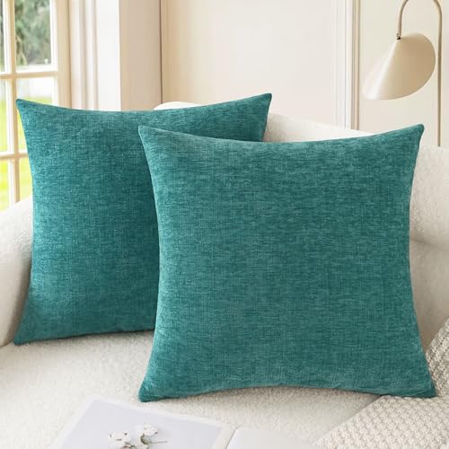 CaliTime Gemütliche Kissenbezüge für Couch, Sofa, Heimdekoration, einfarbig, weiches Chenille, 50 x 50 cm, Blaugrün, 2 Stück von CaliTime